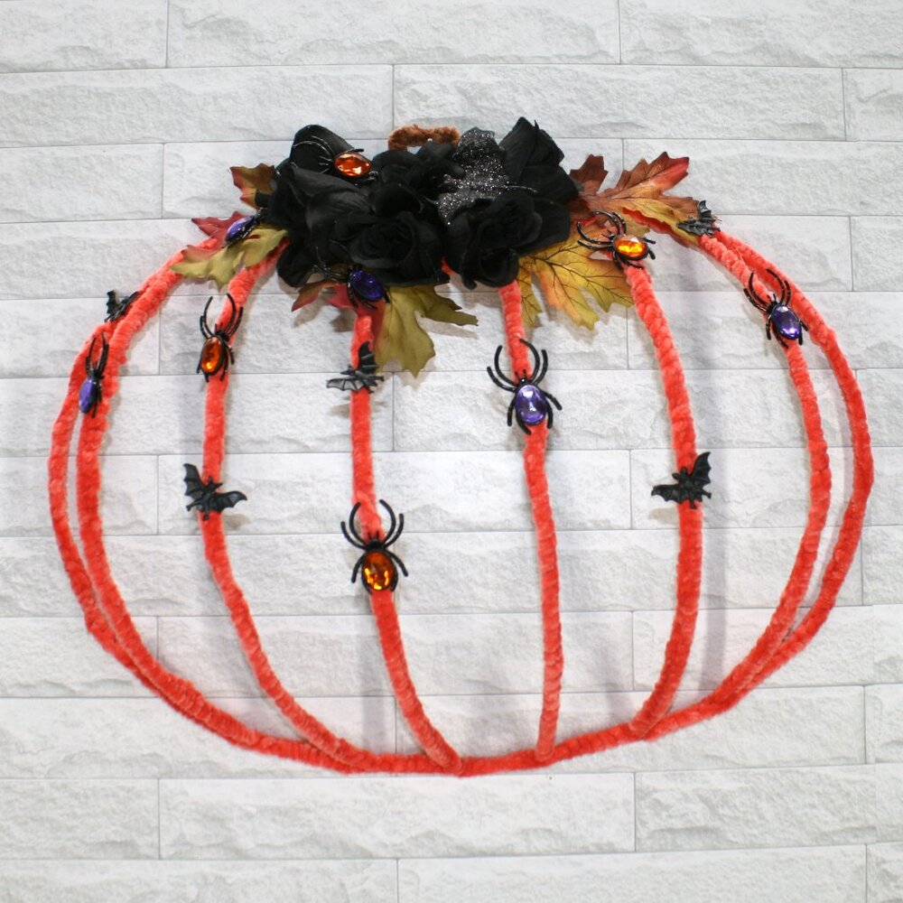 HAND CRAFTED Wreath Halloween Holiday Pumpkin Spiders Bats Orange Door Wall Art